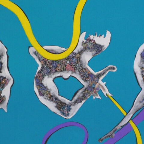  Yellow and purple ribbons across dancing figures on teal background.