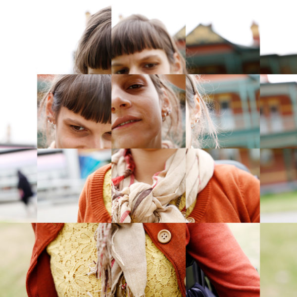 A fragmented photographic artwork, showing a woman standing in front of a building.