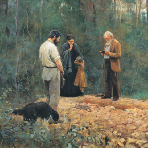 The painting, Frederick McCubbin's 'A bush burial', depicts a graveside in the Australian landscape.