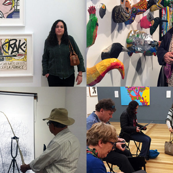 Four images show people engaging in arts activities such as viewing an exhibition and sketching