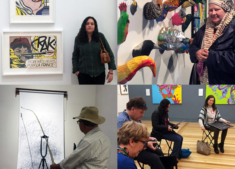 Four images show people engaging in arts activities such as viewing an exhibition and sketching