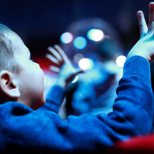 Young boy in cinema. Hands in the air.