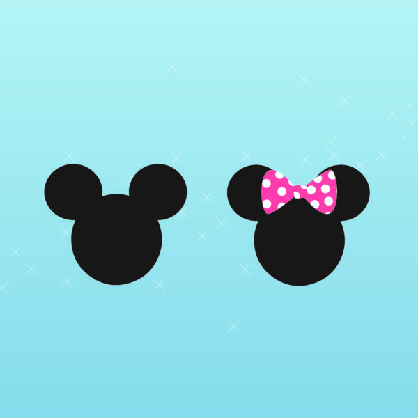 Mickey Mouse and Minnie Mouse silhouettes on a pale blue background with a swirl of silver stars across the image