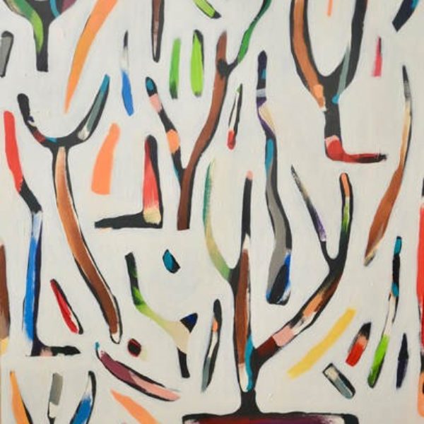 A brightly coloured painting of an abstract tree. 