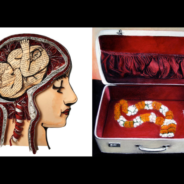 Collage of face and brain, Small open suitcase.