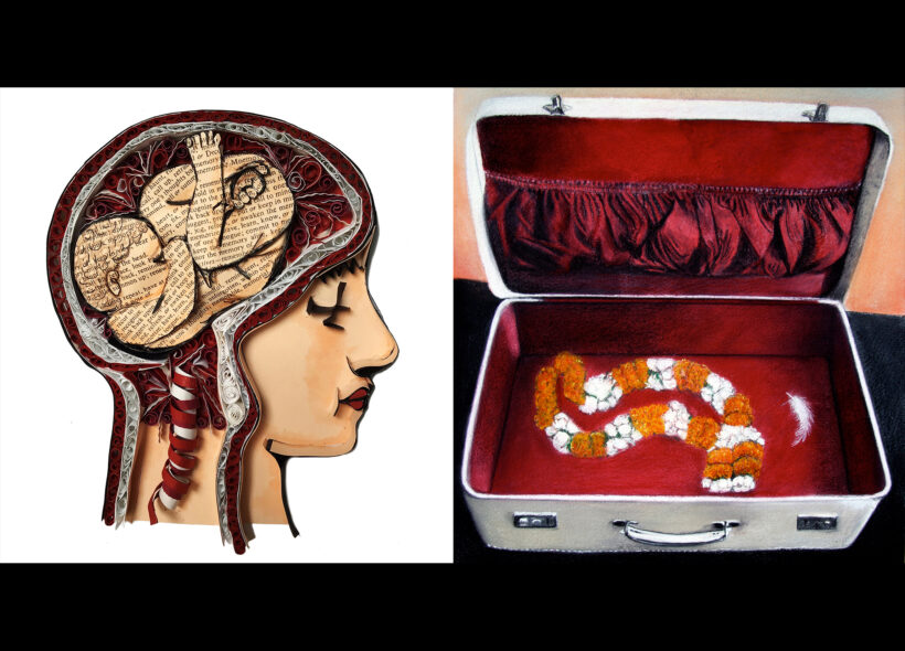Collage of face and brain, Small open suitcase.