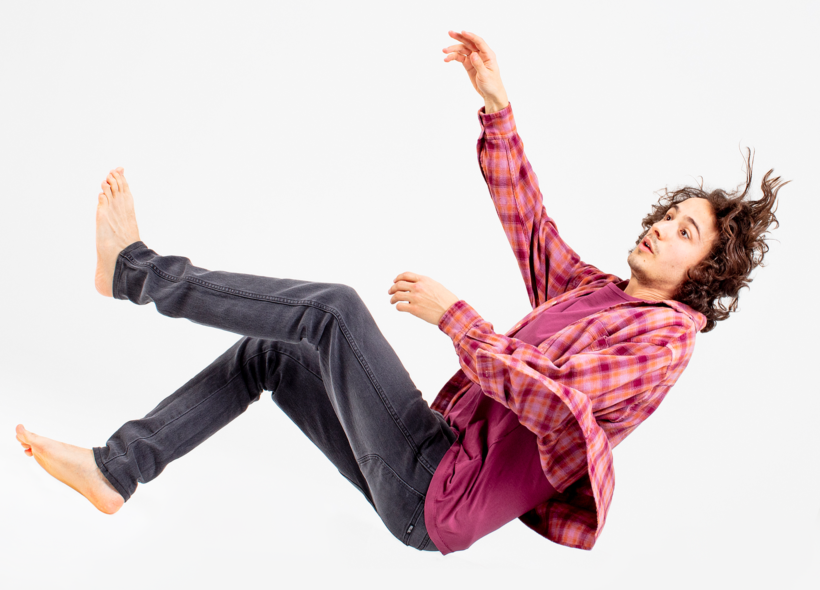 Man falling through air on white background