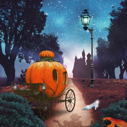Pumpkin carriage and shadow of Cinderella of road leading to castle