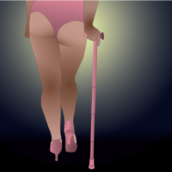 back of a woman wearing pink leotard using pink cane
