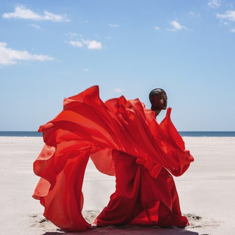 A black woman in an elegant red dress as standing on the beach. Her dress is flying around her. 