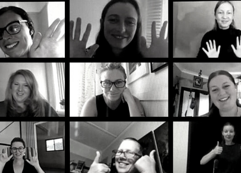 Nine black and white headshots of people in a Zoom online meeting grid format
