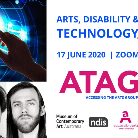 Promotional image for ATAG Online featuring event text and branding, three black and white headshots of two men and one woman, and an image of a hand touching a glowing blue electronic display screen.