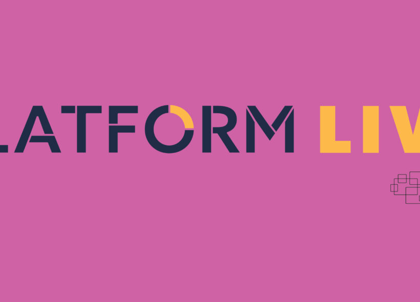 Image of PLATFORM Live Image on a pink background promoting online accessible arts festival