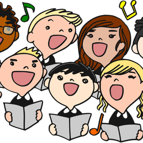 A cartoon drawing of a group of people singing together