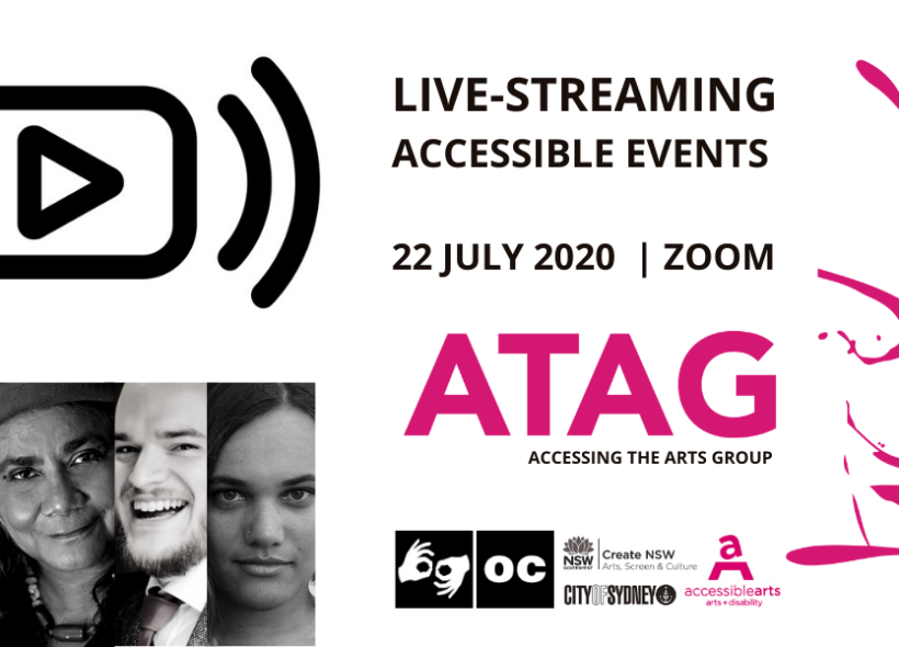 Promotional Image for ATAG Online with event text, various logos, five black and white head shots of three women and two men and a promotional image featuring a live streaming icon.
