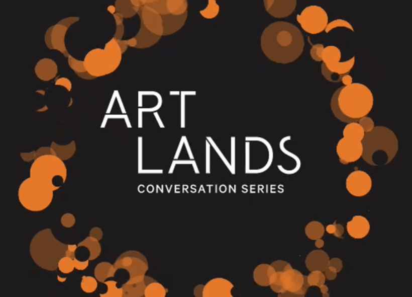 A white logo on a black background that says Artlands Conversation Series surrounded by a circle made up of smaller orange and black circles which overlap to form a sort of garland effect.