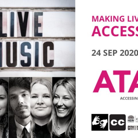 A promotional image of Making Live Music Accessible ATAG. on the left is a black and white photo of 4 women and 1 man smiling and on top of them is a sign that says Live Music. On the right is the words making live music accessible ATAG in bold pink font. 