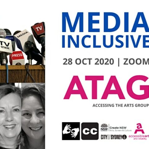 Promotional image for ATAG Online with event text, various logos, and black and white head shots of four women and a man below a photo of many microphones on a wooden table.