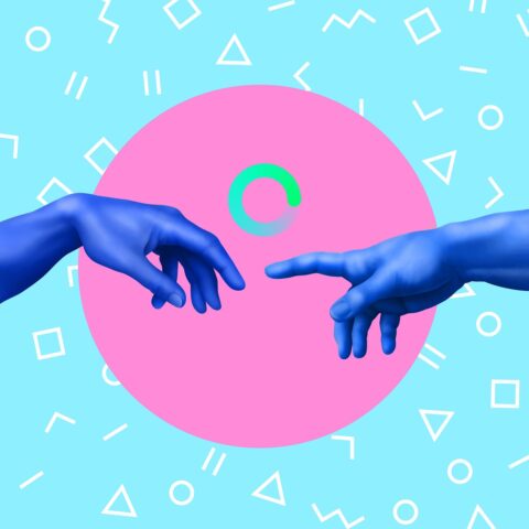 Two hands meet in the centre of the image. The background is blue featuring drawings of various shapes, with a pink circle in the centre.