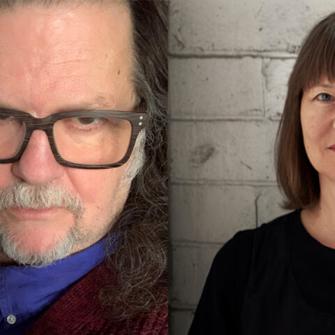 Headshots of a man and a woman. The man wears glasses, has long dark hair and a silver beard. The woman has shoulder length dark hair and stands in front of a white brick wall