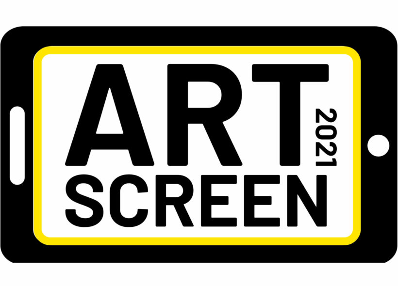 ArtScreen 2021 logo with the words Art and Screen and the number 2021 in black font on a white background inside a simple illustration of a mobile phone.