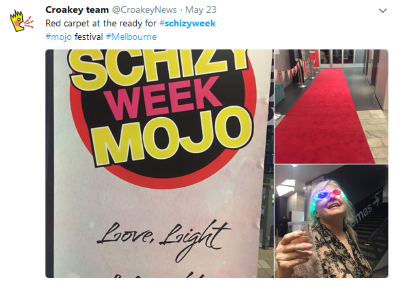 Composite image of three smaller images, text that says Schizy Wek Mojo in black circle with red outline, on white background, smaller text that says Love, Light. Happy woman in bottom left corner with colourful glasses, holding up a glass of wine. Red carpet through hallway, top left corner.