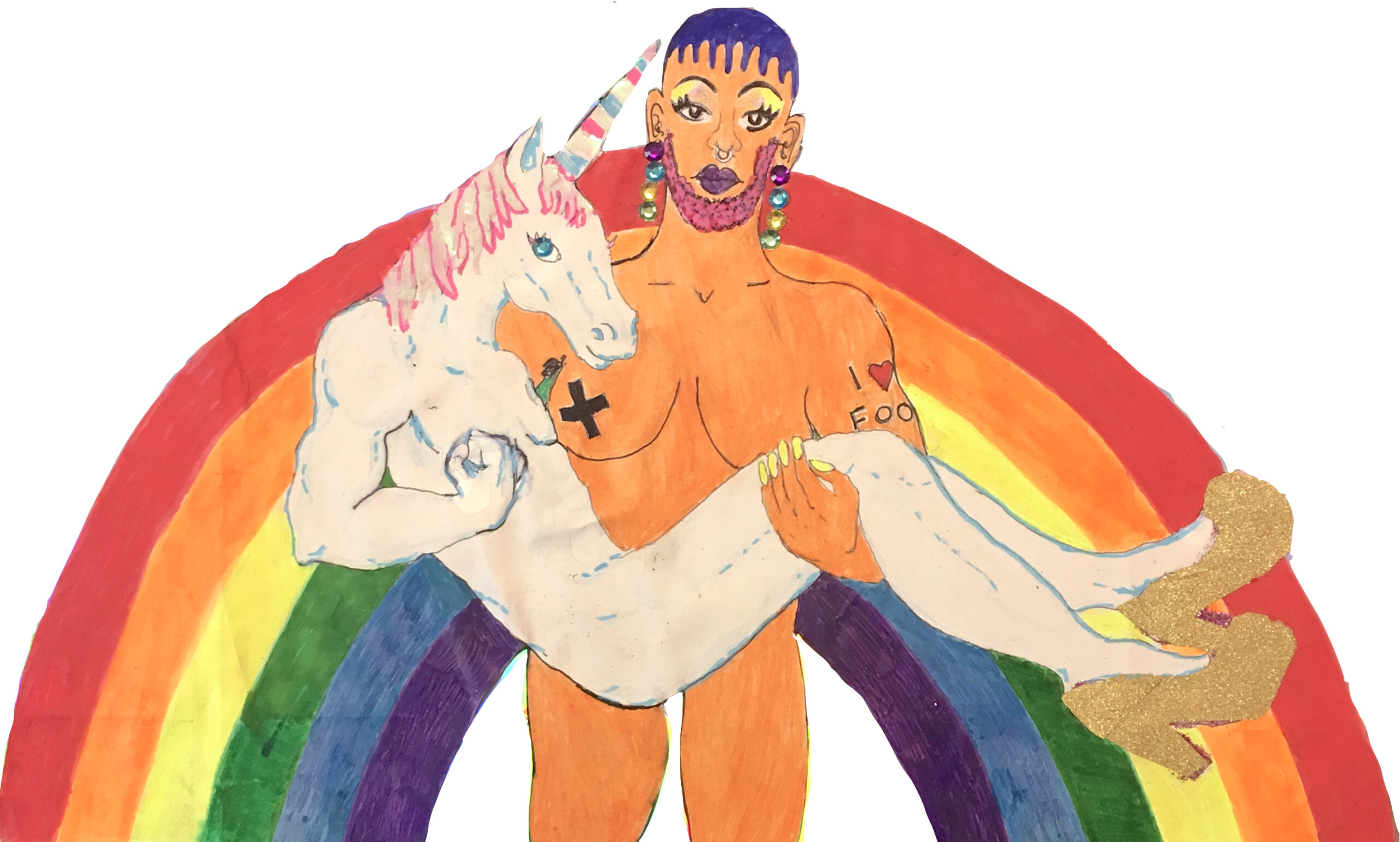 Texta drawing of a naked orange human carrying a white naked human with a unicorn head in front of a rainbow.