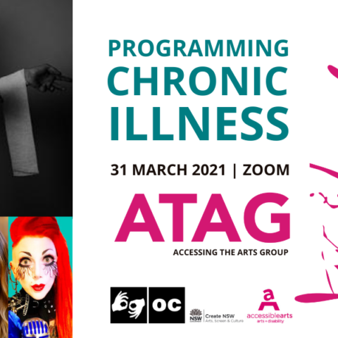 Promotional image for ATAG Online with event text, various logos, and colour head shots of four women below a black and white photo of a male body covered in bandages with arms outstretched. Key Image: THE CHRONIC DIARIES – FIX ME (credit: Tyler Grace)