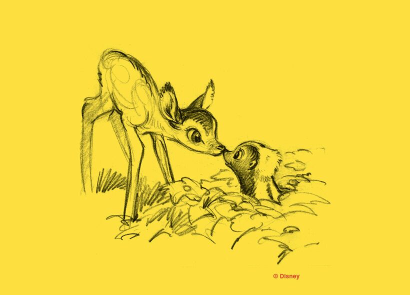 Sketch from the film Bambi - two deers against a yellow background