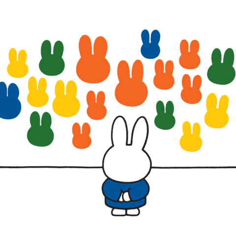 Illustration of a small bunny, wearing a blue jumper, facing a white wall that features twenty paintings of small bunny heads in orange, blue, yellow and green
