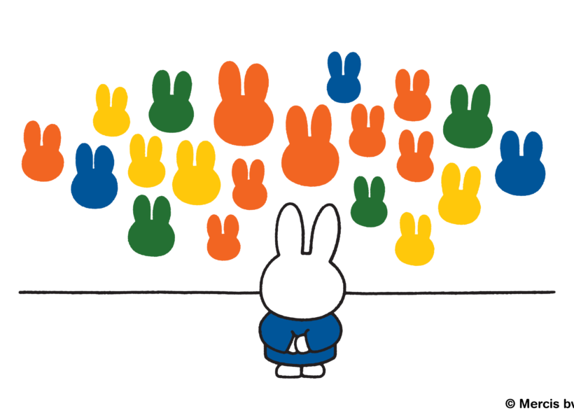 Illustration of a small bunny, wearing a blue jumper, facing a white wall that features twenty paintings of small bunny heads in orange, blue, yellow and green
