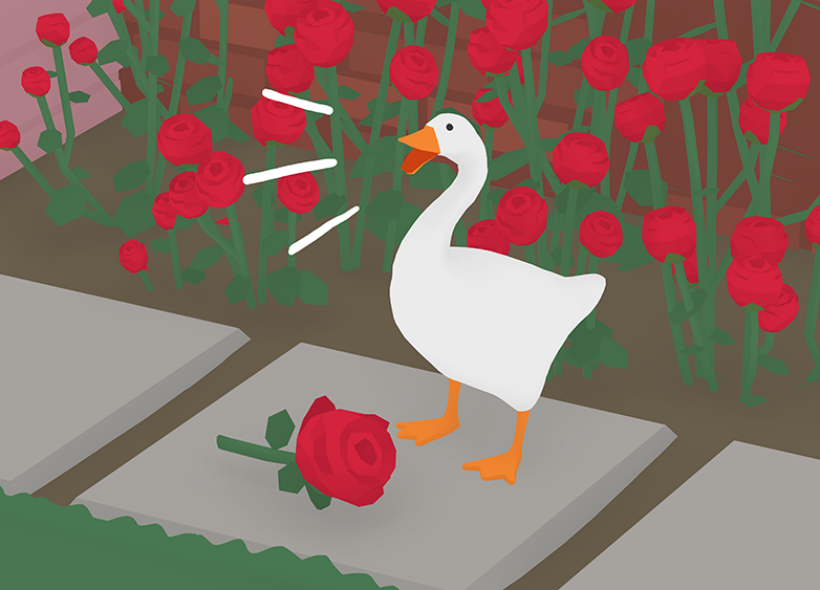 Illustration from the videogame Untitled Goose Game depicting a goose honking in front of a bush of roses