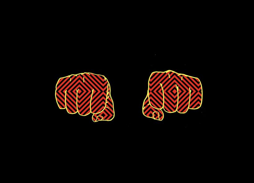 Illustration of two closed fists against a black background. They are coloured in black and red stripes with a yellow outline.