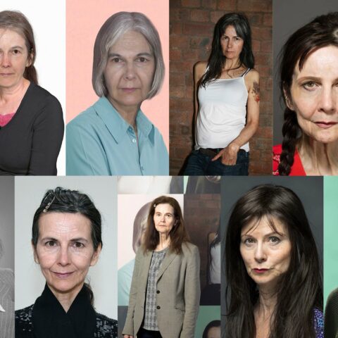 Collage of photographs of the artist Gillian Wearing which use artificial intelligence and age-processing tools to depict her possible future selves.