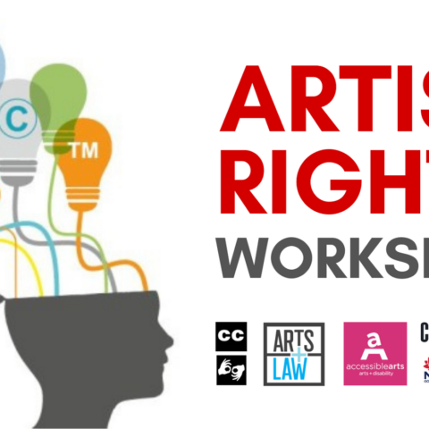  On the left is an illustration of a human head with different coloured light bulbs coming out of it. On the right are the words ARTIST RIGHTS WORKSHOP and some logos.