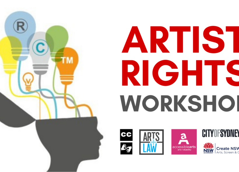  On the left is an illustration of a human head with different coloured light bulbs coming out of it. On the right are the words ARTIST RIGHTS WORKSHOP and some logos.