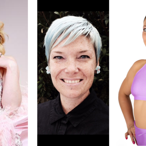 On the right is a colour photo of a blonde woman wearing a pink corset and skirt. In the middle is a black and white headshot of a man with beard and glasses. On the right is a colour photo of a woman with dark hair wearing a pink sports top and shorts.