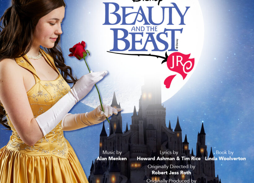 Young Australian Broadway Chorus presents Disney's Beauty and the Beast Jr. Image of Belle in yellow gown holding the iconic beauty and the beast red rose