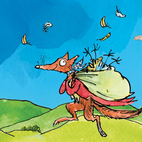 Illustration of a fox wearing a red jacket running through green hills with a blue sky. The fox is carrying a rucksack with feathers flying above.