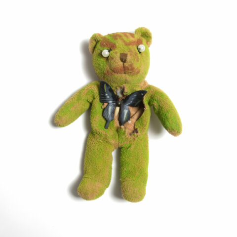 Abstract textile green plush bear with black butterfly