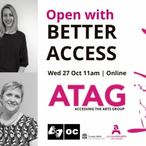 Promotional image for Open With Better Access Online ATAG with event text and black and white headshots of the four people who will be speaking at this event.