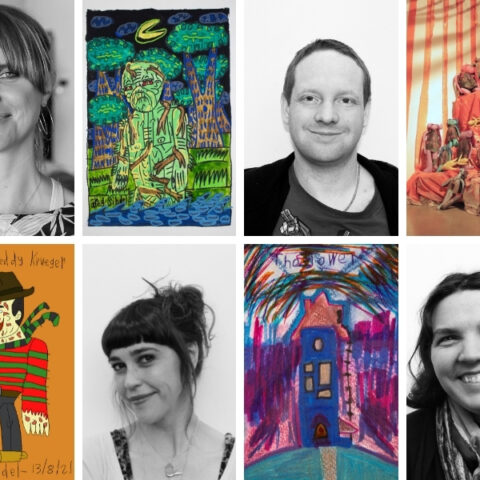 8 images arranged into a square. Four of the images are black and white headshots of the event speakers: Gabrielle Mordy, Emma Johnston, Greg Sindel and Skye Saxon.  The other four photos are colourful artworks Studio A artists have created. 