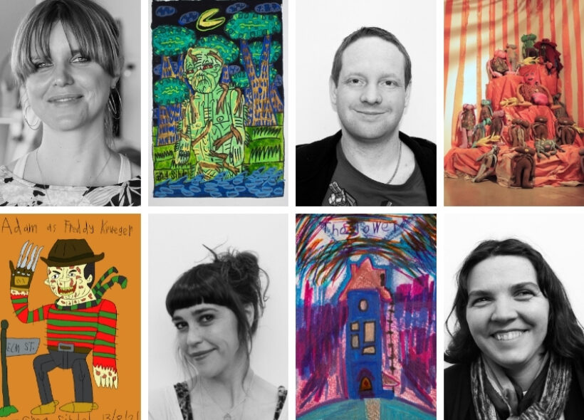 8 images arranged into a square. Four of the images are black and white headshots of the event speakers: Gabrielle Mordy, Emma Johnston, Greg Sindel and Skye Saxon.  The other four photos are colourful artworks Studio A artists have created. 