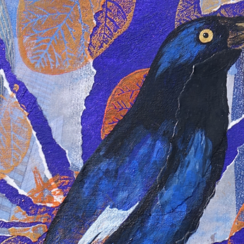  The Visitors by Andrea Carroll – Pictured is a painted blue and black crow above a colourful background of collage like consistency.