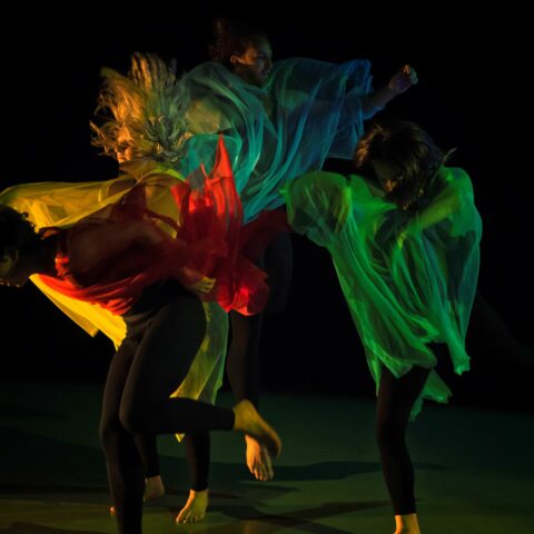Four dancers dancing together against a black backdrop, facing different directions. They have been captured in motion and have their eyes closed. They are wrapped in swirling pieces of sheer fabric, and are lit from the sides with yellow, red, teal, blue and green light. 