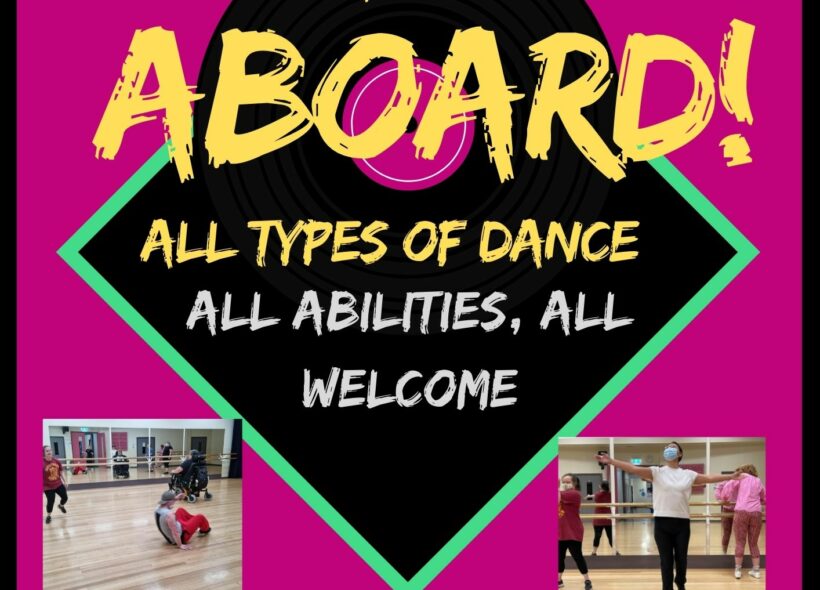 Bold image with photos of people dancing and information about a dance group