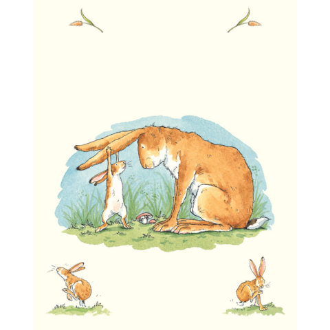 A cartoon image of a mother and baby rabbit