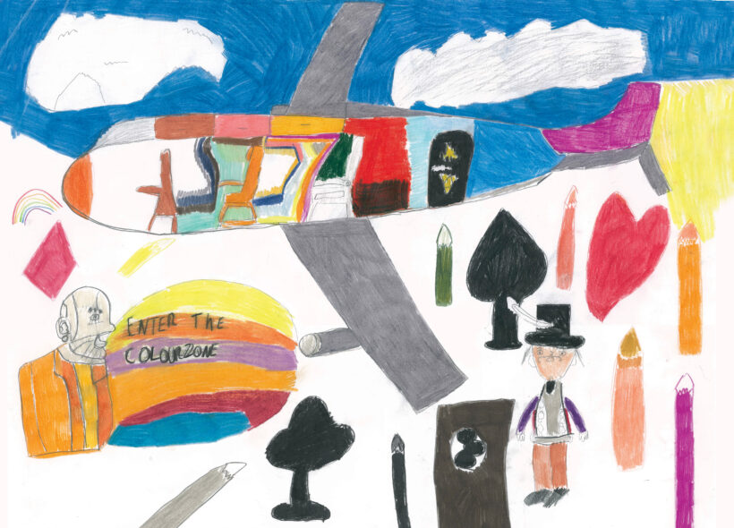A passenger airplane in multiple colours soars through a blue cloudy sky. Below it a bald man speaks with a colourful speech bubble saying, Enter The Colour Zone. Another man is to the right of the airplane wearing a tophat and surrounded by clubs, spades and hearts.