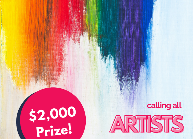 Rainbow streaks are painted halfway down a white canvas on which reads: ‘Calling all artists with disability of who are d/Deaf.’ Inside a pink circle towards the bottom of the image it reads: $2000 prize.