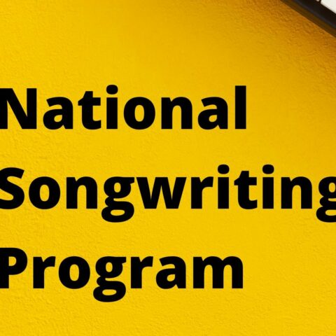 ‘National Songwriting Program’ appears on a yellow background. In the top right corner there is a keyboard. Image credit: Canva.